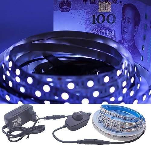 Vrabocry UV LED Strip Schwarzlicht Streifen Dimmbar Set, Band Leiste SMD 5050 60led/m Licht Lichterkette Lichtleiste mit Netzteil für Karneval Bar Disco Party Deko, 5M IP20