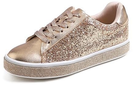 Feversole Women's Fashion Sparkle Platform Rhinestone Party Holiday Wedding Sneakers Rose Gold Glitter UK 6.5