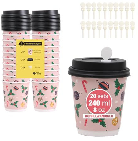 filcup Kaffeebecher to go Doppelwandiger, Einwegbecher 20er Set mit Stopper - Weihnachts Glühweinbecher 240 ml - Ideal für Glühwein-Laterne