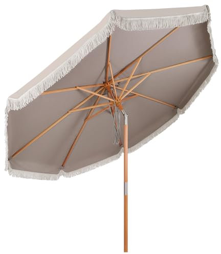 Sekey Fransen Sonnenschirm 300 cm Holz-Sonnenschirm mit Quasten Marktschirm Gartenschirm Hawaii Sonnenschirm Terrassenschirm Rund UV50+