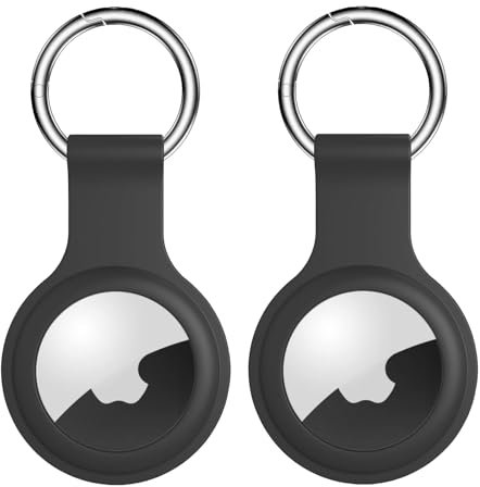 [2 Pièces] AirTag Porte clé - Étui de Protection en Silicone - Porte Clef Airtag Apple - Anti-Rayures - Coque Air Tag pour clés, Sacs, Bagages (Noir, 2 Pièces)