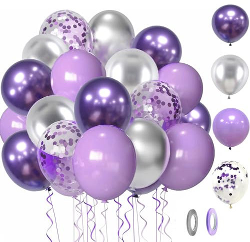 60Pcs Palloncini Viola, CompraFun 12 Pollici Palloncini Macaron Viola, Viola Argento Metallizzato, Kit di Palloncini Lattice, Metallico Coriandoli Palloncini per Compleanno, Nozze, Feste Decorazioni