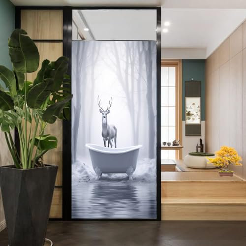 Abstrakte Hirsch-Buntglas-Fensterfolie, große Hörner, Badewanne, Tier, Retro-Sichtschutz, Fensterfolie, nicht klebende Glasfolie, dekorative statische Frischhaltefolie für Zuhause, Büro, 80 x 140 cm