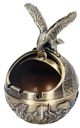 Stylitzy Dekorativer winddichter Aschenbecher im Vintage-Stil mit Deckel für Zigaretten, Metall, tragbar, für drinnen und draußen, handgeschnitzt, ausgefallenes Geschenk, Ornament für Männer