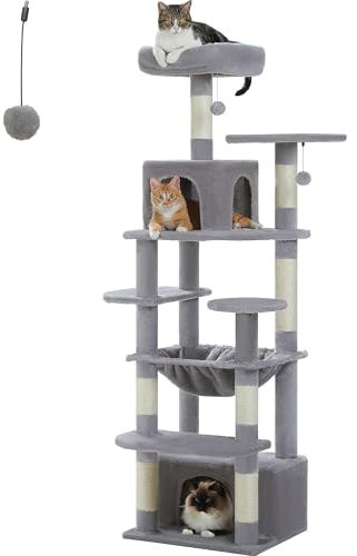 PAWZ Road Großer Katzenbaum, 164 cm Katzenturm für große Katzen, Katzenhaus mit Sisalüberzogenen Kratzbäumen und Pads, 2 gepolsterte Sitzstangen, Doppelkabinen und Korb für Indoor-Katzen, Grau