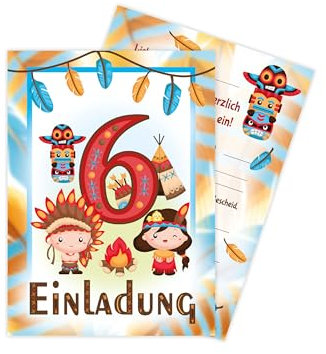 Limonia 12 Einladungskarten zum 6. Kindergeburtstag Motto Feier Fest Einladung Set Geburtstag Mädchen Kinder Jungs Jungen Boys Teenies Unisex Indianer Indianerdorf Tipi Powwow Traumfänger