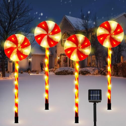 Lewondr 4 Stück Lollipop Weihnachtsdekorationen im Freien, Solar beleuchtete mit Gartenpfählen, Solarlampen für Außen Garten mit 2 Beleuchtungsmodi, Solar Weihnachten Hof Dekoration für Weg