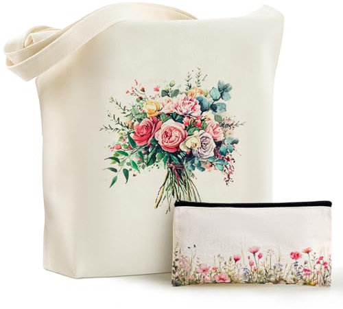 Hestya Jutebeutel Bedruckt Blumen Stofftasche Damen Stoffbeutel Lange Henkel Große Einkaufsbeutel Kosmetiktasche Tote Bag Geschenk für Erntedankfest Halloween Weihnachten(Rose, Eukalyptus)
