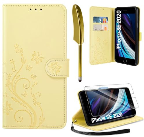 AROYI Lederhülle Kompatibel mit iPhone SE 2022/2020/7/8 Hülle und Schutzfolie,Wallet Handyhülle Leder Tasche Kartensteckplätzen Schutzhülle Kompatibel mit iPhone SE 2022/2020/7/8 5G/4G Gelb