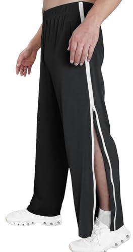 Reha Hose Damen Herren Seitlich Zu Öffnen Lang Baggy Trainingshose mit Seitlichem und Reißverschluss Am Bein Weites Bein Schnellfickerhose Druckknöpfen Sporthose Freizeithose(03 Black,S)