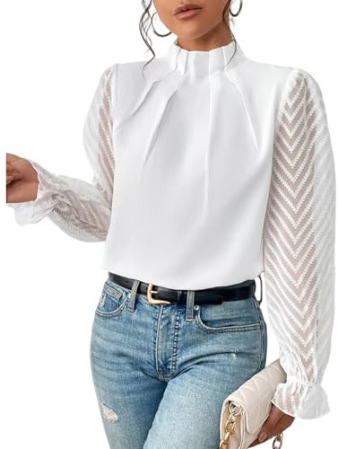 Nbzsmlkn Elegant Blouse,Womens Mock Neck Pleated Blouses Tops Mesh Sleeve Flounce Long Sleeve Casual Loose Fitted Solid Color Office Dressy Blouses (White,M)