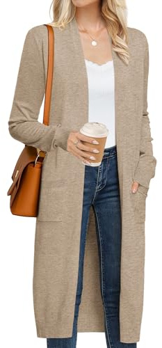 GRACE KARIN Women's 2025 Trendy Long Cardigans Sweater Lightweight Open Front Long Sleeve Maxi Duster Coats with Pockets, Khaki, L