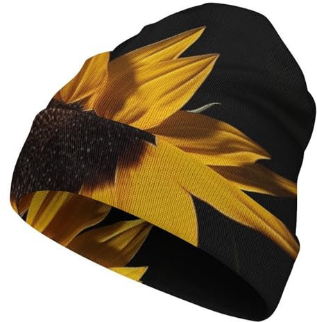 FZQVSWTX Damen Herren Strickmütze mit Bündchen, niedliche Sonnenblume, schwarzer Hintergrund, bedruckt, modisch, weich und warm, Strickmütze mit Bündchen, Sonnenblumen-schwarzer Hintergrund, Größe