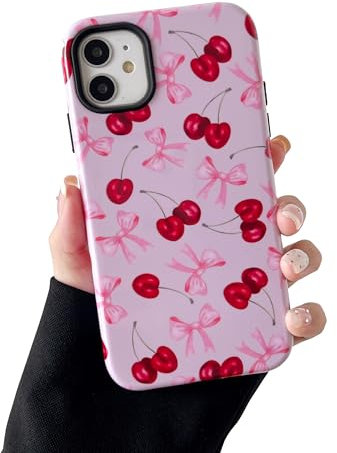 DEFBSC Case for iPhone 11, Cute Pink Bow Cherry Print Aesthetic Trendy Pattern for Women Girls Slim Durable Bumper Shockproof Hybrid Hard Back Phone Cover, Big Ribbon/Glossy