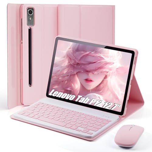 TUNKARMOR Keyboard Case for Lenovo Tab P12 12.7 Inch 2023, Mouse and Detachable Keyboard, PU Leather Cover Case Auto Sleep/Wake - Pink