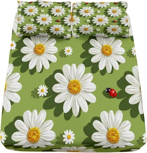 Blumen Spannbettlaken 90x200 cm, Insekt Mikrofaser Bettlaken für Kinder Erwachsene, Bettlaken Spannbetttuch 90 x 200 für Matratze bis 30 cm Höhe Mit 1 x Kissenbezügen Q1382