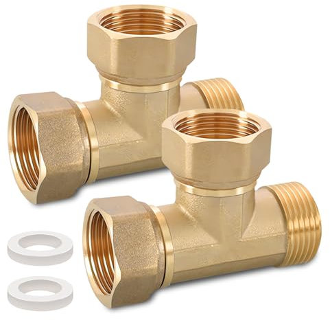 2 Stück 1 Zoll T-Stück aus Messing, G1 Messing T-Stück Schwenkrohrverschraubung, DN25 T-Stück Verteiler, AG x IG x IG 3-Wege-T-Verbindungsstück Kupplung, für Sanitäranlagen,Bäder,Heizung,Klimaanlagen