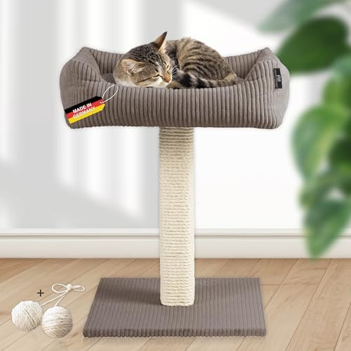 Rohrschneider Katzenbaum Wolly | Made in Germany | Kleiner Kratzbaum mit kuscheligem Katzenbett aus Cordstoff | breiter Kratzstamm aus Vollholz | versch. Farben (Cordstoff breit Taupe)