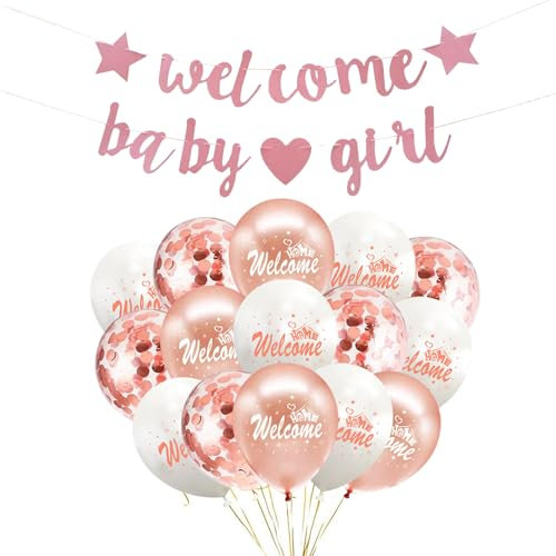 Ovanda Décoration de maison pour bébé fille – Rose Welcome Home Baby Girl Bannière bienvenue pour bébé, ballon à confettis, pour pendaison de crémaillère, maison, naissance, décorations de fête