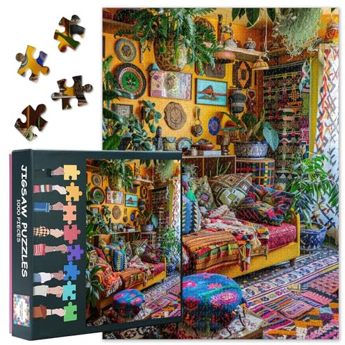 Vibrant Room Puzzles 1000 Pieces for Adults Couch Pillows Rugs Plants Wall Hangings Jigsaw Puzzles for Wall Art Ethnic Decorations Room Intelligence Puzzle for Adults Family Indoor Games 27.5X19.7