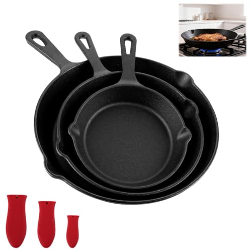 LDXDRU 3 piezas de sartén para parrilla de hierro fundido con asa, sartén de hierro fundido de inducción 16/20/25 cm, sartén de hierro fundido para parrilla de gas, horno, parrilla de carbón, 3x