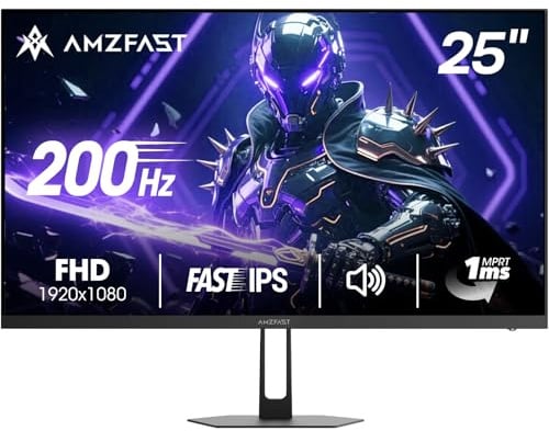 Amzfast 24.5 inch Gaming Monitor FHD 1920x1080p, 200Hz Fast IPS with Built-in Speaker, 1ms MPRT, Adaptive Sync, AI Crosshair, 124% sRGB, 93% DCI-P3, 320nits, HDR, VESA75x75mm, HDMI2.0&DP1.4, AMZG25X1