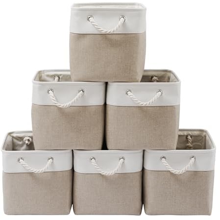 ICEMOR 33×33cm Aufbewahrungskorb,6 Pack Aufbewahrungsbox Kallax mit einem Griff,faltbare Körbe Aufbewahrung,geeignet für die Aufbewahrung von Büchern,Kleidung und anderen Gegenständen.(Weiß & Beige)