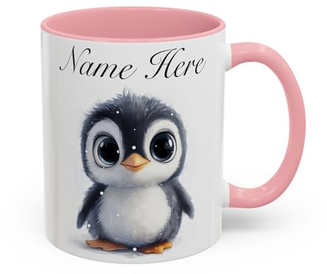 Personalised Penguin Mug, Custom Name Gift for Girlfriend, Cute Penguin Design Coffee Cup for Her, Unique Animal Lover Gift Idea for Women, Birthday or Christmas (Pink 11oz, Mug)