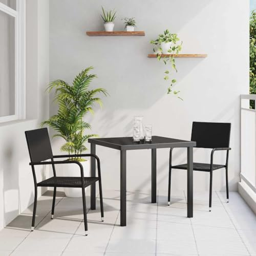 Mandloder Garten Essgruppe mit Kissen, 3-teilig, Schwarz Poly-Rattan, UV-beständig, 2 Stühle & Glastisch, für Terrasse, Balkon