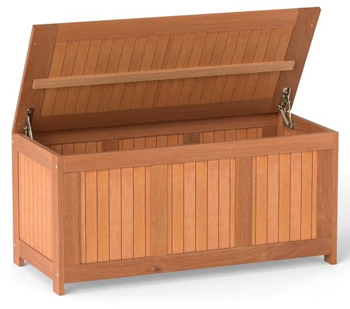 TANGZON Wooden Garden Storage Box, Solid Wood Deck Box with Lid, Outdoor Cushion Pillow Blanket Storage Bench Chest Container for Patio Balcony Yard (113.5 x 52 x 58.5 cm)
