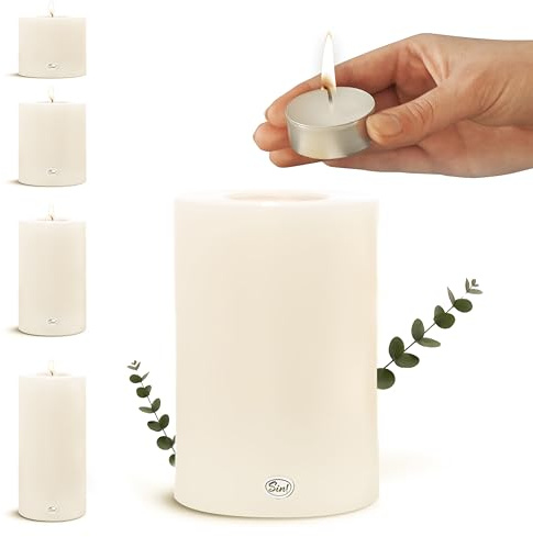 Sin!® 1x Teelichthalter & Dauerkerze Trend ∅10cm Höhe 12cm warmweiß - Die Kerze die Nicht schmilzt! Kunststoff-Kerze inkl. Teelicht 8 Std. Brenndauer (Made IN Germany) Kerzenoptik mit Teelichteinsatz