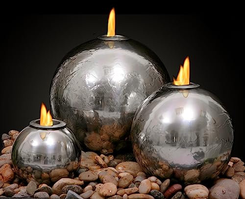 Primrose 60cm Stainless Steel Magma Triple Sphere Outdoor Fire & Water Feature With Rattan Reservoir Cover