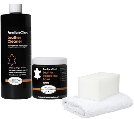 Furniture Clinic Easy Leather Restoration Kit (White) | Includes Recolouring Balm, Ultra Clean, Sponge & Cloth for Furniture, Car Seats, Shoes & Bags