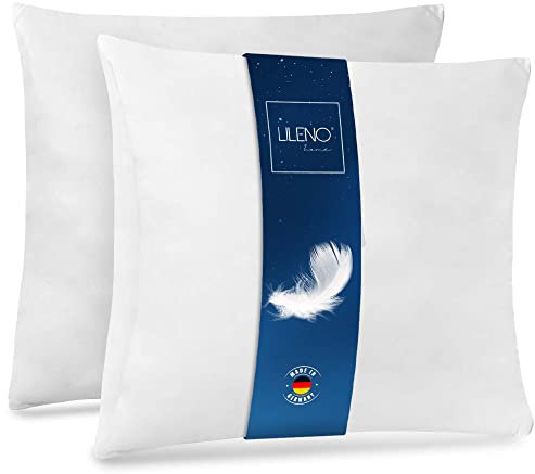 LILENO HOME Juego de 2 cojines de plumas de 45 x 45 cm (45 x 45 cm) de plumas como almohada, almohada para dormir y almohada perfecta para alérgicos y niños – relleno de muelles con 450 g cada uno