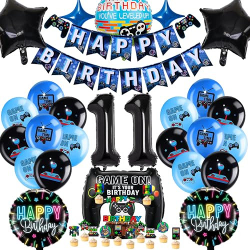 Videospiel Geburtstagsdeko 11 Jahre, Geburtstag 11. Junge Spiel,Gamer Party geburtstag Deko Set, XXL Gaming Controller Folienballons Set mit Banner Cake Topper,für Junge Geburtstag Spielthemen Party