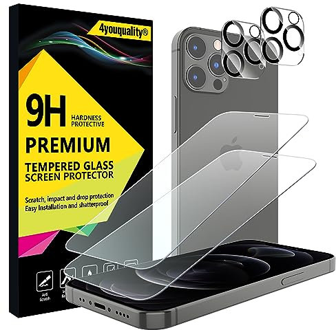 4youquality [4-in-1 Screen Protector for iPhone 12 Pro with Camera Lens Protector, Tempered Glass Film, 2-Pack Each, [LifetimeSupport][Impact-Resistant][Anti-Scratch][Ultra-Transparent]