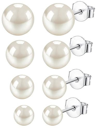 YADOCA 4 Paar 925 Sterling Silber Perlen Ohrringe für Damen Mädchen Einfache Elegante Weiße Süßwasserperlen Ohrstecker Hypoallergene Perlenohrringe Set 7-10mm