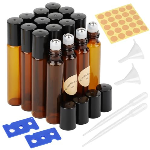 VMUTGA 16 Pièces Flacon Roll On Vide, 10ml Marron Bouteilles à Rouleaux D'huiles Essentielles Flacon Verre Rechargeable avec Bille en Acier Inoxydable pour Parfums Cosmétiques Aromathérapie Massage