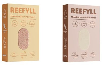 Reefyll Foaming Hand Soap 6 Refill Tablets for Foaming Dispenser only, Dissolvable Plastic Free Hand Wash Pods, Just Add Water to Transform to Velvety Foam, 3 Tropical Coconut and 3 Juicy Orange