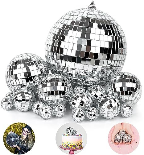 18Pcs Mirror Disco Ball DJ Lighting Effect Silver Disco Ball Hanging Mirror Ball Cake Decorations Disco Themed Cake Toppers for 70s 80s Disco Party (5 Sizes)