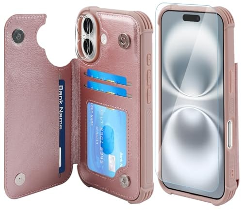 VANAVAGY Fit Car Mount Wallet Case for iPhone 16 Plus,Rosegold | PU Leather Flip Cover for Men & Women,12ft Drop Protection,RFID Blocking Card Holder,Kickstand,Includes Screen Protector