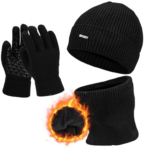 Aicerous® Winter Mütze Schal Handschuhe Set Wintermütze Herren, Beanie Strickmütze Schlauchschal und Touchscreen Handschuhe, Fleecefutter, weich und hautfreundlich (Black)
