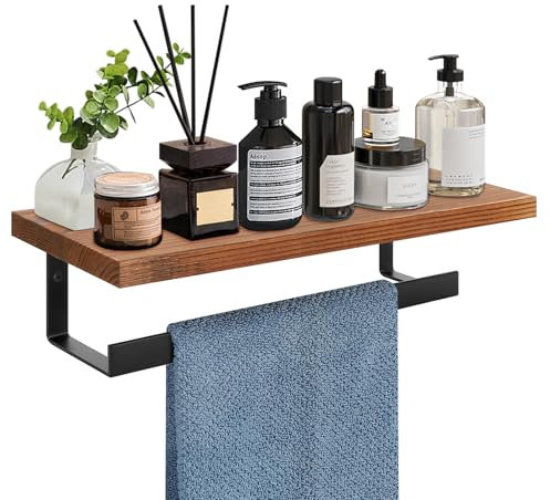 Winmien Porte-serviettes avec étagère en bois, porte-serviettes en métal de qualité supérieure, pour salle de bain, accessoires de bain à fixation murale (noir mat, 30,5 cm)