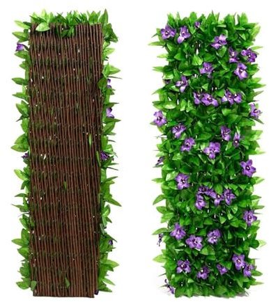 Panneau de treillis de jardin extensible de 150 x 30 cm avec feuilles artificielles, clôture de jardin extensible avec lierre artificiel et fleurs violettes, pour balcon, extérieur (1 pièce)