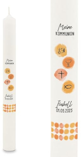 GRAVURZEILE Bedruckte Stabkerze - Watercolor - Personalisiert mit Name & Datum - Geschenk zur Taufe, Kommunion oder Konfirmation - Für Jungen & Mädchen - Altarkerze 400/40 mm - Orange