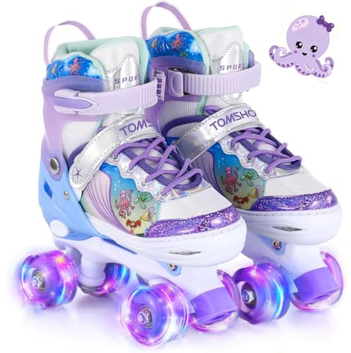TOMSHOO Patins à roulettes Fille, Roller Enfant Réglables avec 8 Roues LED Lumineuses, Rollers Quad Enfant 4 Tailles Ajustables pour Débutants, Confortables et Respirants, Intérieur et Extérieur