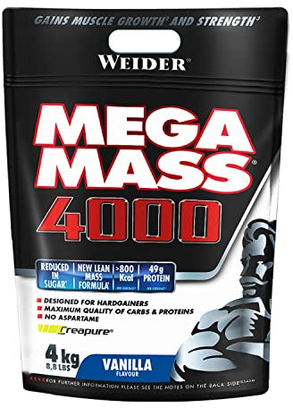 Weider Mega Mass 4000. Goût Vanille. Mélange protéiné pour prise de masse. Avec 3 protéines (lait, lactosérum, blanc d’œuf) et de la créatine. Pauvre en sucres. 4kg