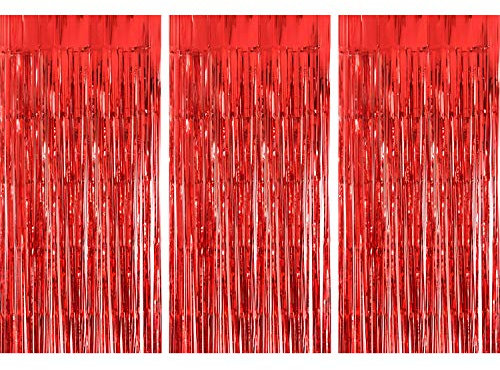 TUPARKA 3 Pcs Christmas Foil Curtains 3.28ft x 6.56ft Wall Backdrop Favors for Christmas, New Year, Wedding Party Decorations, Red