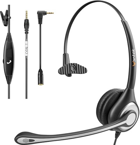 Wantek Headset with Microphone 601N, 3.5mm Headphone with Noise Cancelling Microphone, Single-Ear Computer Laptop Smartphone Headset with Mic for Call Center Online Conference Teams Meeting