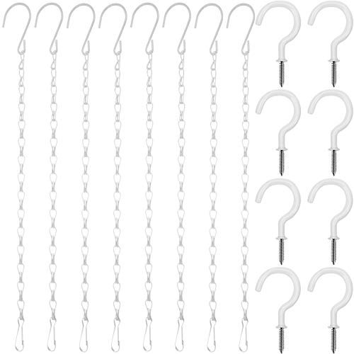8 Pieces Metal Hanging Basket Chains with 8 Pieces Ceiling Hooks for Bird Feeders, Planters, Lanterns, Wind Chimes, Billboards, Chalkboards and More, 16.38 Inch (White)